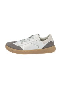 Low-top sneaker with white leather, gray suede toe and heel, light gray laces, and a tan rubber sole.