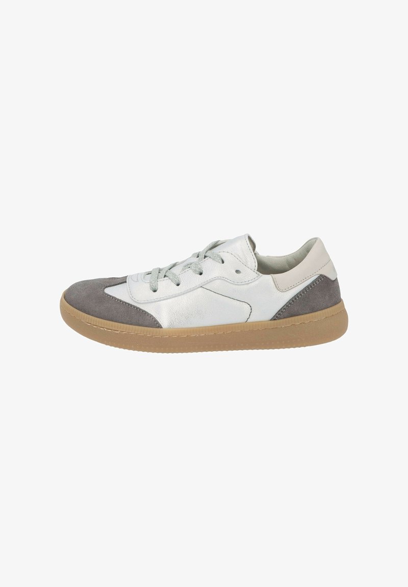 Low-top sneaker with white leather, gray suede toe and heel, light gray laces, and a tan rubber sole.