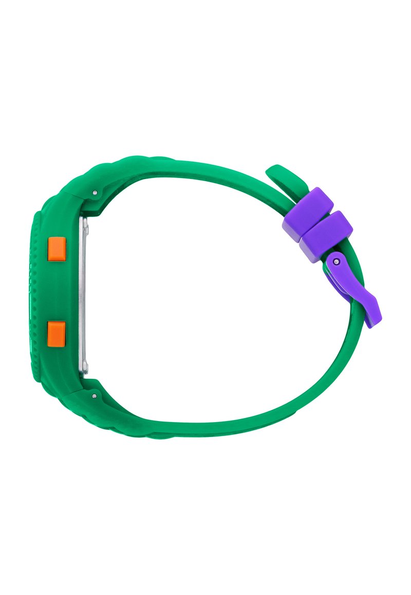 Reloj de goma verde con una correa texturizada, botones naranjas y morados, y una caja de metal. La correa tiene un diseño curvado y un cierre ajustable.