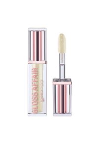 Lucidalabbra in un tubetto trasparente con un applicatore morbido e peloso. Presenta un brillante iridescente e un tappo metallico rosa. Il testo dice "GLOSS AFFAIR."
