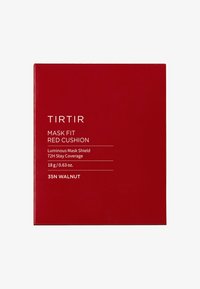 Emballage du coussin TIRTIR Mask Fit en rouge vif, avec texte blanc indiquant le nom du produit, la durée de couverture et le numéro de teinte.