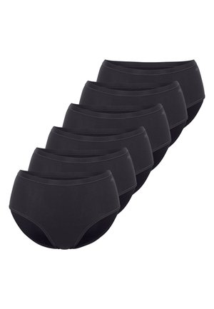 Seks sorte dameunderbukser i brief-stil arrangeret i en forskudt stak mod en hvid baggrund.