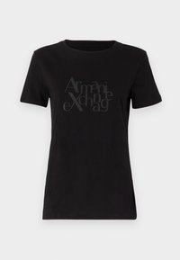 Black short-sleeve t-shirt made of cotton, featuring a textured graphic design of the brand name in shiny, contrasting letters on the front.