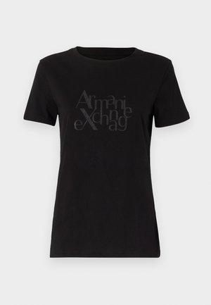 Zwarte shirt met korte mouwen van katoen, met een textuurovergang uit grafisch ontwerp van de merknaam in glanzende, contrasterende letters op de voorkant.