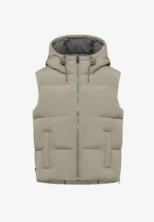 Padded vest in light beige with a hood, front zipper, and two side pockets. Smooth texture with concealed drawstrings at the hood.