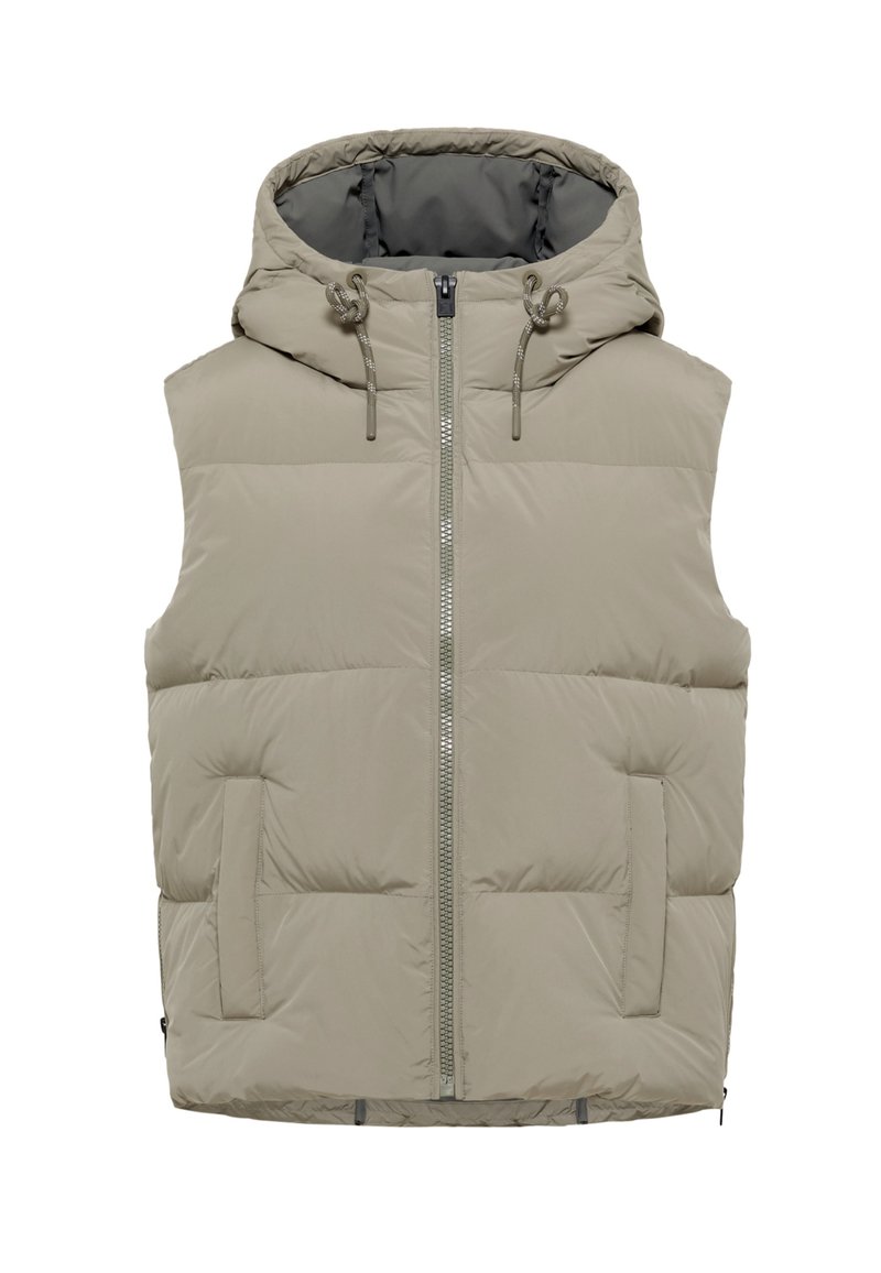 Gepolsterte Weste in hellem Beige mit Kapuze, Frontreißverschluss und zwei Seitentaschen. Glatte Textur mit verdeckten Kordelzügen an der Kapuze.