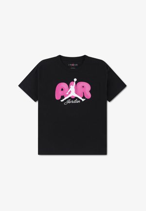 Black Jordan t-shirt with pink "AIR" text, white Jumpman basketball silhouette, and "Jordan" script below the logo on the front.