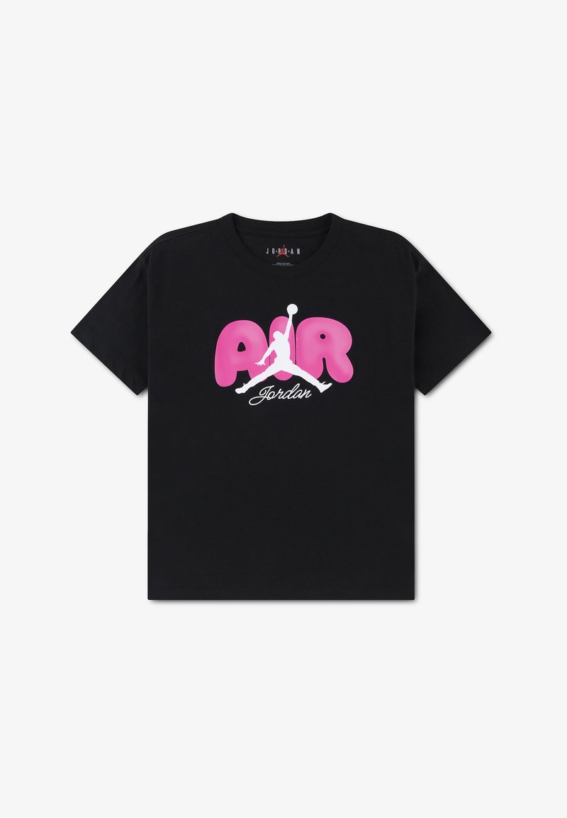 T-shirt Jordan noir avec texte "AIR" rose, silhouette de basketball Jumpman blanche, et script "Jordan" sous le logo à l'avant.