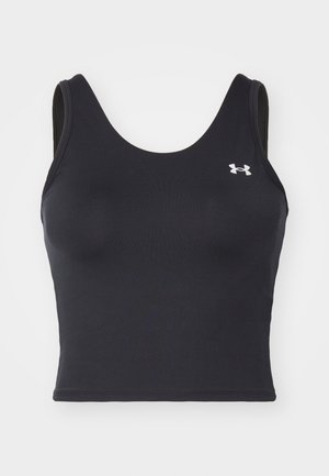 Top corto deportivo negro hecho de tela elástica, con un escote redondo y tirantes anchos. Incluye un pequeño logo blanco en la parte delantera.