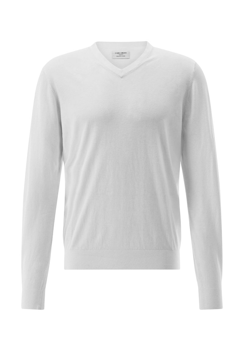 Weißer V-Ausschnitt Pullover aus weichem Stoff mit langen Ärmeln und gerippten Bündchen. Einfaches Design ohne Muster oder Akzente.