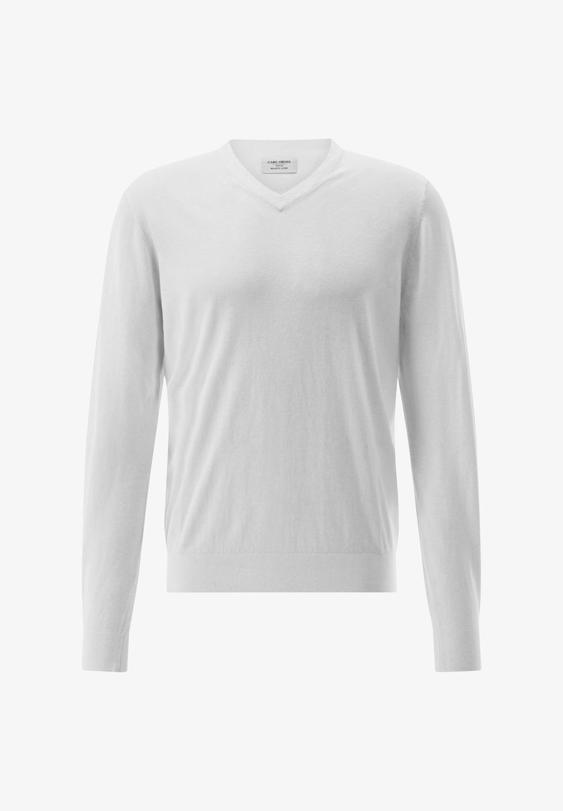 Weißer V-Ausschnitt Pullover aus weichem Stoff mit langen Ärmeln und gerippten Bündchen. Einfaches Design ohne Muster oder Akzente.