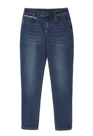 Mørkeblå denim jeans med lige ben, forlommer og knaplukning. Har en svag slidbane på forsiden.