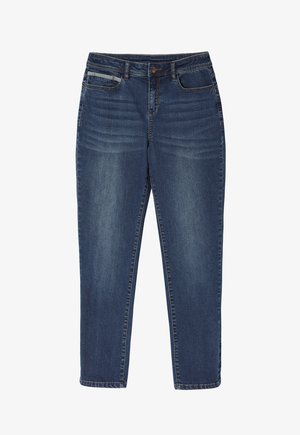 Mørkeblå denim jeans med lige ben, forlommer og knaplukning. Har en svag slidbane på forsiden.