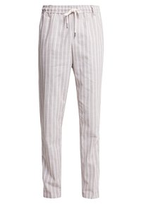 Pantalones a rayas de color gris claro, hechos de una tela suave, que cuentan con una cinturilla elástica con cordón y un diseño de pierna tapered.