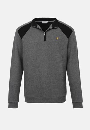 Ανδρικό γκρι πουλόβερ πλεκτό με υφή βάφλας, με μαύρα πάνελ στους ώμους, γιακά με φερμουάρ στο ένα τέταρτο και μικρό κίτρινο λογότυπο πουλιού στο στήθος.