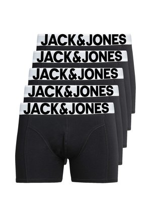 Schwarze Herren-Boxershorts im Fünferpack mit weißen elastischen Tailleneinsätzen, auf denen "JACK&JONES" in fettem schwarzen Text steht. Glatte Stoffqualität, eng anliegendes Design.