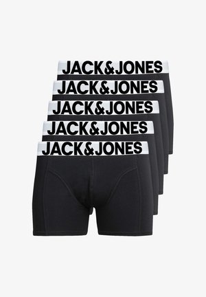 Schwarze Herren-Boxershorts im Fünferpack mit weißen elastischen Tailleneinsätzen, auf denen "JACK&JONES" in fettem schwarzen Text steht. Glatte Stoffqualität, eng anliegendes Design.