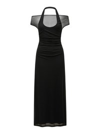 Melna kleita ar piegulošu korseti un caurspīdīgām piedurknēm, kas atsedz plecus. Raksturo ruchēšanas detaļas un plūstošu svārku. Mīksta, gluda auduma.