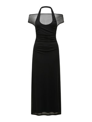 Must kleit tiheda korseti ja õlgadelt paljastavate võrksallidega varrukatega. Disainis on kortsutusdetailid ja voolav seelik. Pehme, sile kangas.