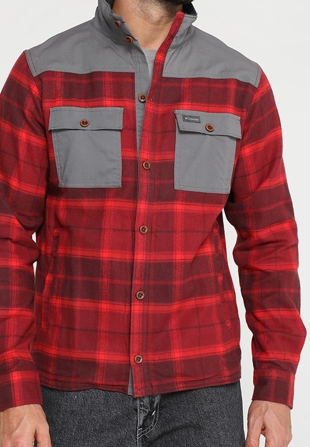 Homme portant une veste à carreaux rouges et rouge foncé avec des poches grises aux épaules et sur la poitrine, boutonnée, associée à un jean gris foncé.