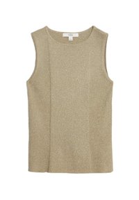 Top senza maniche di colore beige con una texture a coste e una leggera lucentezza. Presenta un colletto rotondo e una linea dritta con dettagli sulla cucitura laterale.