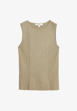 Ärmelloses, beiges Top mit gerippter Textur und subtiler Schimmer. Hat einen runden Ausschnitt und einen geraden Schnitt mit einer Seitennaht-Detail.