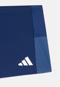 Marine zwembroek met een diagonaal gestreept blauw patroon aan één kant en een wit logo. Zachte textuur en gestroomlijnd ontwerp.