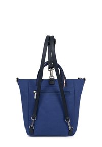 Borsa a tracolla blu navy realizzata in tessuto resistente, con due manici superiori e una tracolla rimovibile; presenta una tasca frontale con zip.