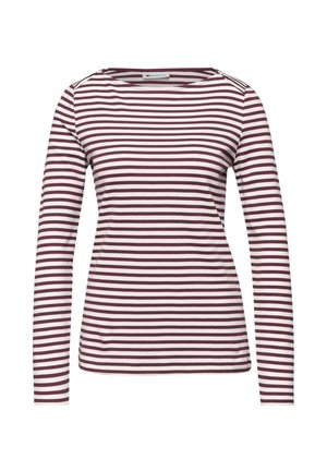 Camisa de manga larga con rayas en burdeos y blanco. Hecha de tela suave, con cuello redondo y diseño ajustado. Sin herrajes ni adornos visibles.