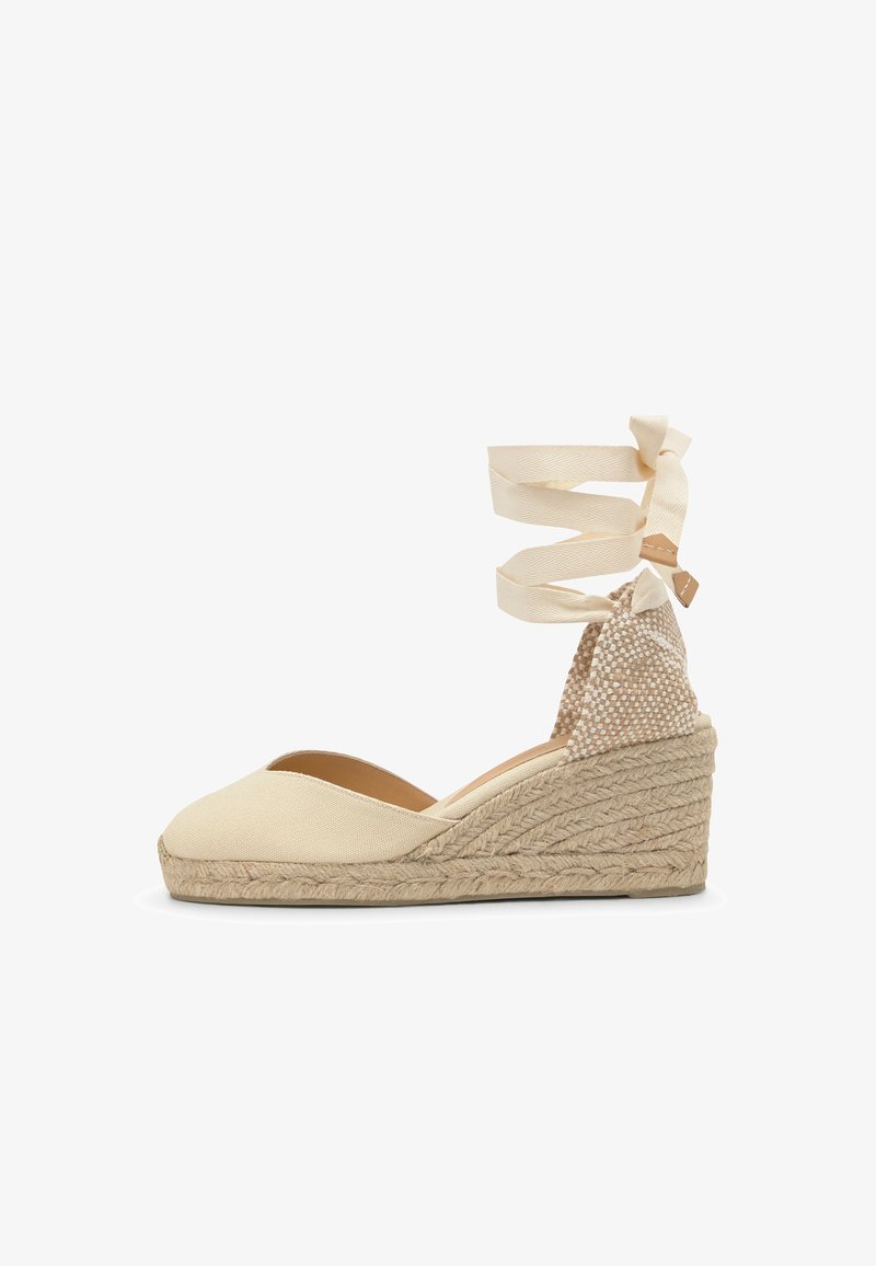 Beige kileespadrillosko med flettet jutesål og ankelbånd, med en tekstureret stofhælkappe.