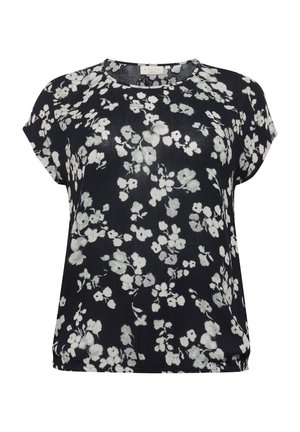 Floral blouse featuring a navy background with white and gray floral patterns, short sleeves, and a round neckline. Smooth texture.