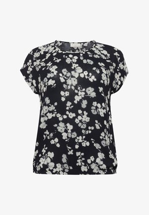 Floral blouse featuring a navy background with white and gray floral patterns, short sleeves, and a round neckline. Smooth texture.