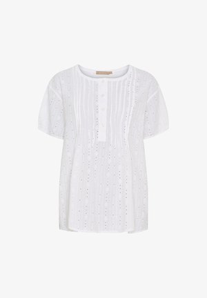 Hvid kortærmet bomuldsbluse med rund halsudskæring, knaplukning foran og sydd mønstre med dekorative huller overalt.