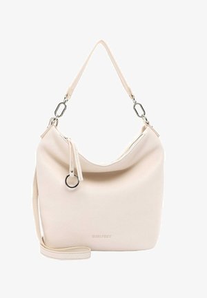 Hellbeige Lederhandtasche mit einem lässigen Design, silberfarbenen Beschlägen, verstellbarem Trageriemen und einem kreisförmigen Akzentdetail in der Nähe des Reißverschlusses.