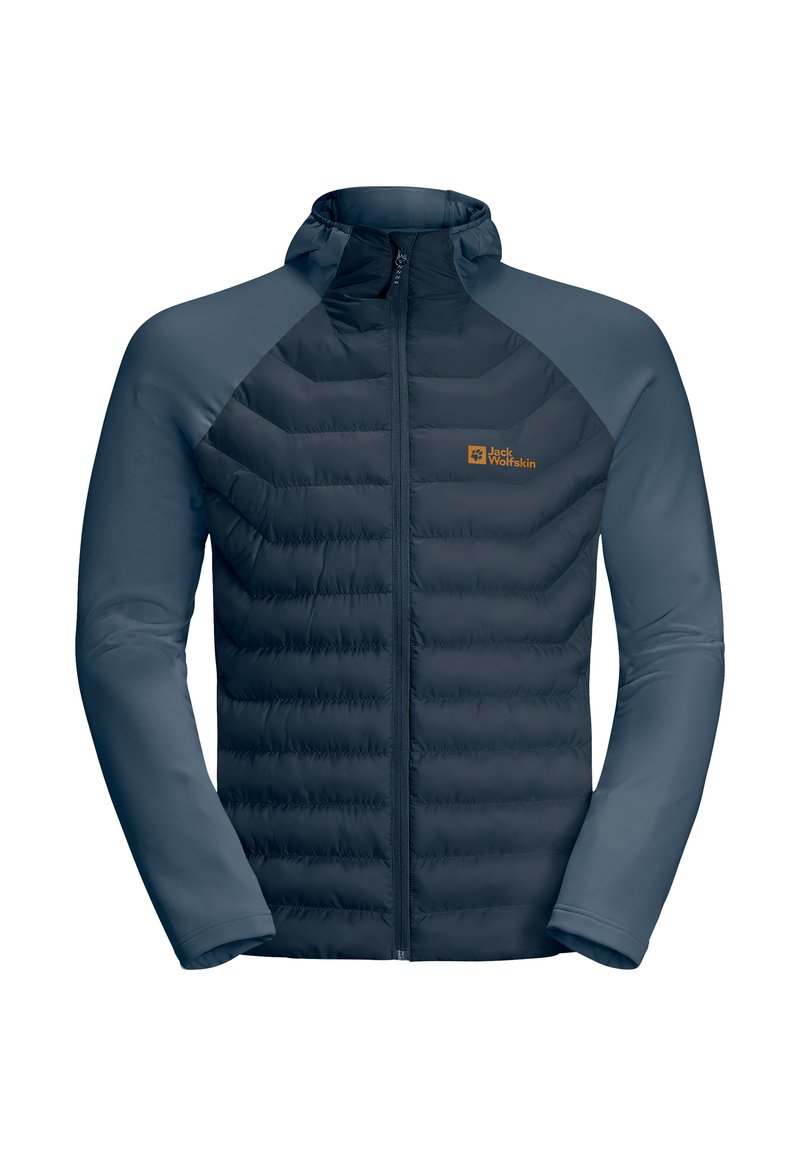 Chaqueta con capucha para hombre hecha de tela azul, con un diseño acolchado en el cuerpo y mangas lisas, con un logo colocado en el pecho.