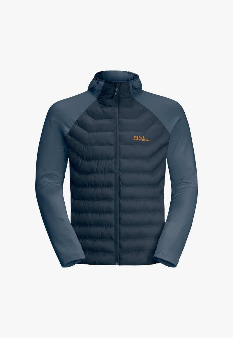 Heren hoodie van blauwe stof, met een gewatteerd ontwerp op het lichaam en gladde mouwen, met een logo op de borst.