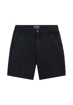 Pantalones cortos casuales negros con bolsillos delanteros, trabillas para cinturón y un cierre de un solo botón en la cintura.