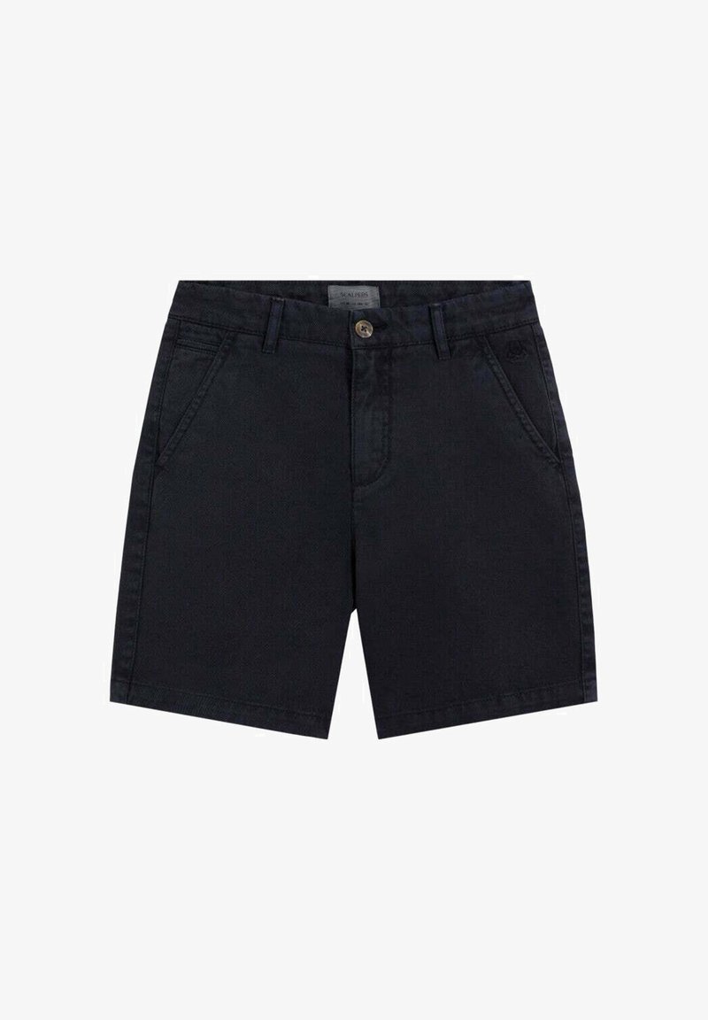 Shorts décontractés noirs avec poches avant, passants pour ceinture et fermeture à bouton unique à la taille.