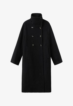 Zwarte dubbelgeknoopte jas met een hoge kraag, gemaakt van een wolachtig materiaal. Voorzien van grote zwarte knopen en zijzakken.