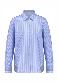 Camicia a righe blu e bianche con colletto classico, maniche lunghe e spacchi laterali. Realizzata in tessuto liscio con una finitura lucida.