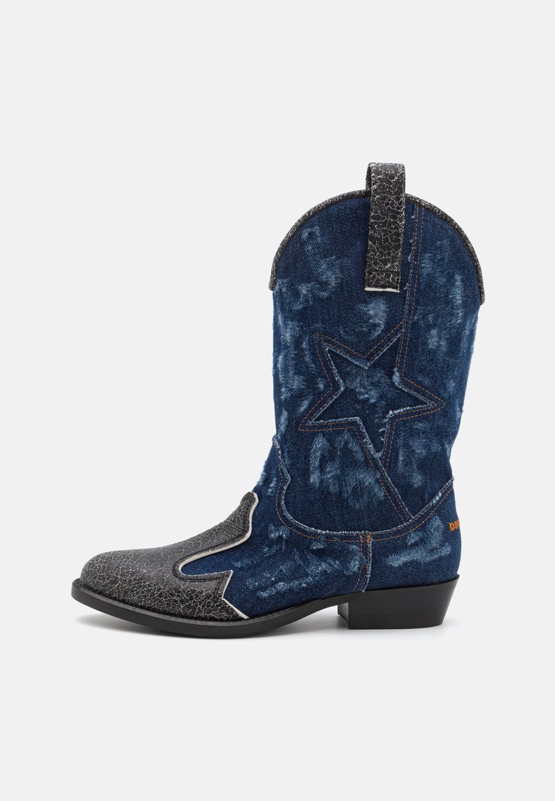 Denim cowboy boot with a star pattern, gray leather accents, stacked heel, and contrasting stitching. Features a pull tab at the back.
