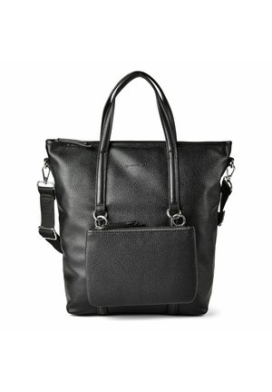 Borsa tote in pelle nera con texture, dotata di doppi manici, tracolla removibile e una tasca frontale con zip collegata.