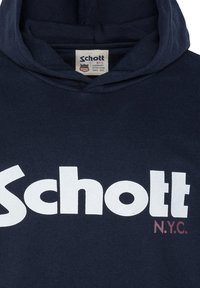 Felpa con cappuccio blu navy realizzata in cotone, caratterizzata da un grande logo bianco "Schott" e "N.Y.C." stampato in bordeaux. Design classico a pullover.