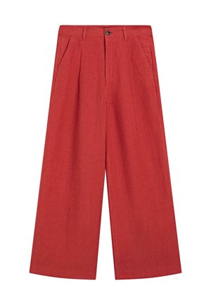 Red wide-leg pants with front pleats, side pockets, belt loops, and a black button closure on the waistband.