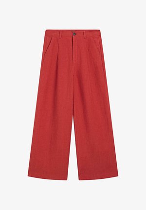 Red wide-leg pants with front pleats, side pockets, belt loops, and a black button closure on the waistband.