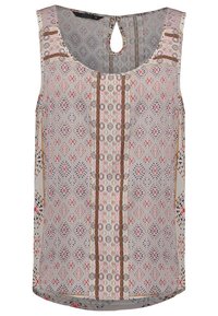 Top sans manches en beige clair avec un design multi-patterné, mettant en avant des formes géométriques en rouge, bleu et marron. Détail du dos en trou de serrure.