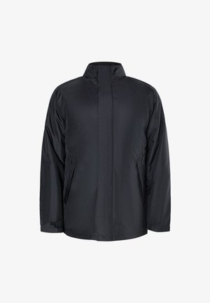 Schwarze wasserdichte Jacke mit hohem Kragen, langen Ärmeln, zwei seitlichen Taschen und einer glatten, leichten Textur.