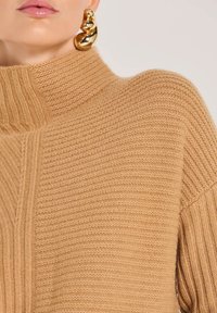 Nahaufnahme einer Person, die einen kastanienfarbigen gerippten Rollkragenpullover und einen großen goldenen gedrehten Creolenohrring trägt.