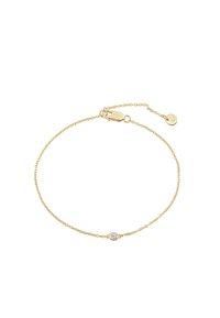 Pulsera de cadena de oro con un diseño de eslabones delicados, que presenta una única piedra clara en un engaste de bisel. Incluye un cierre de langosta y una cadena de extensión.