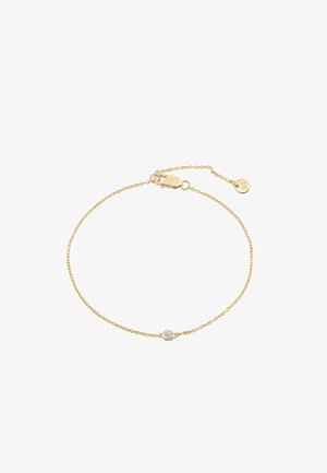 Bracelet chaîne en or avec un design délicat de maillons, comprenant une pierre claire unique sertie en chaton. Comprend un fermoir mousqueton et une chaîne d'extension.